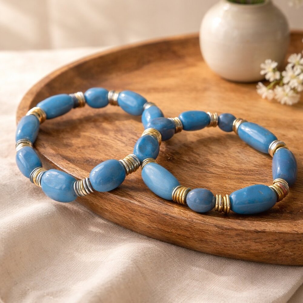 Deep Blue Beads with Silver, Gold and Brass Spacers Set of 2 Bracelets   New